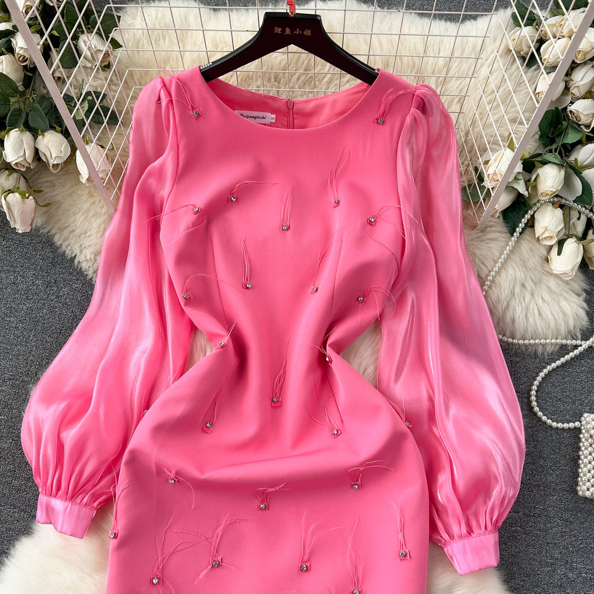 Rhinestone Studded Solid Color Dress