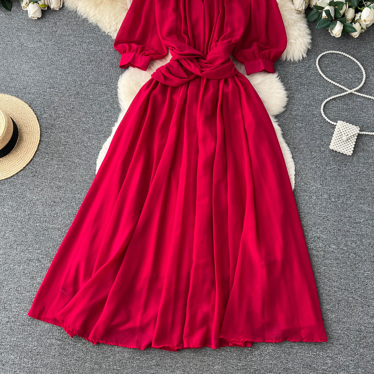 Puff Sleeves Twisted Floral Chiffon Dress