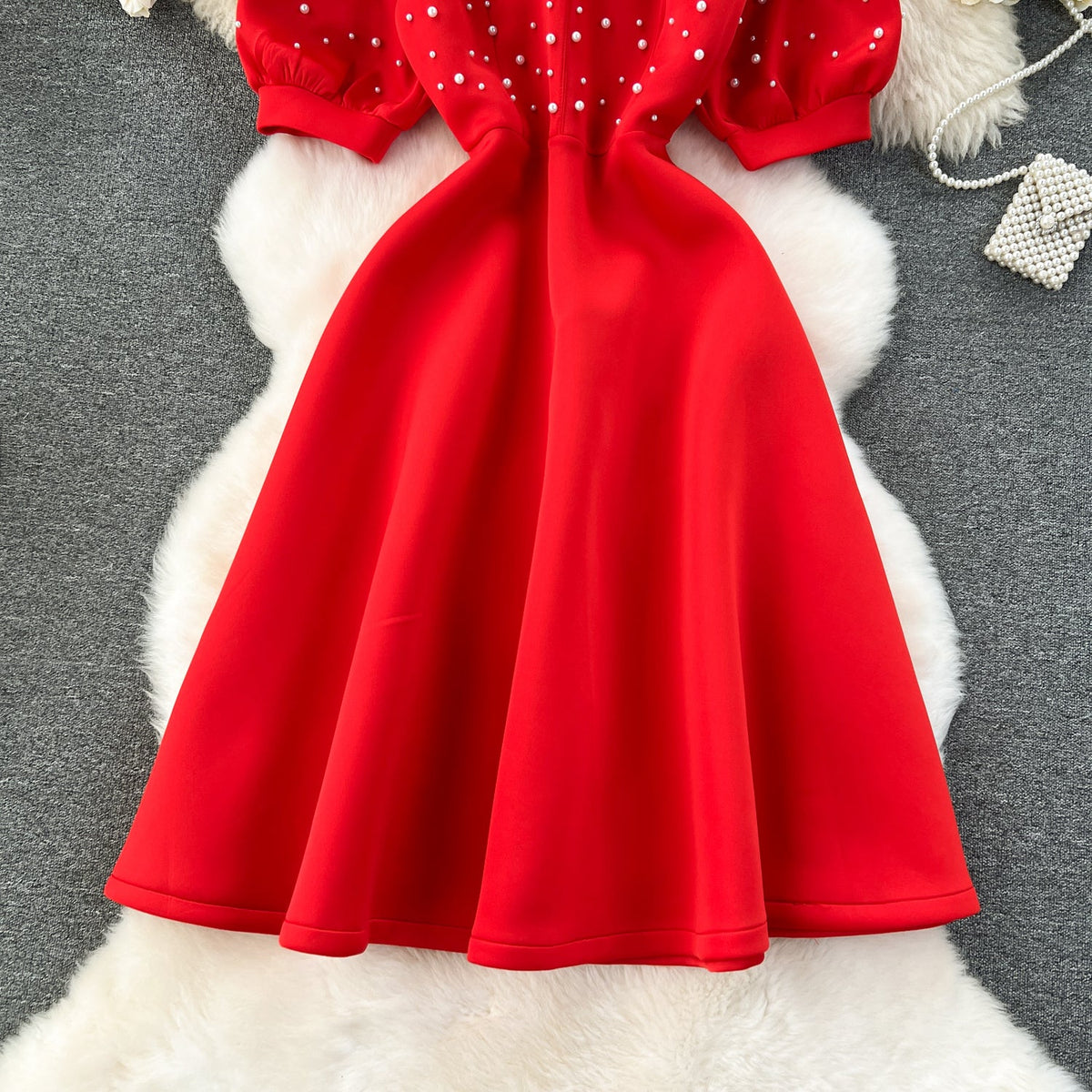 Mesh Neckline Beaded Pleated Dress