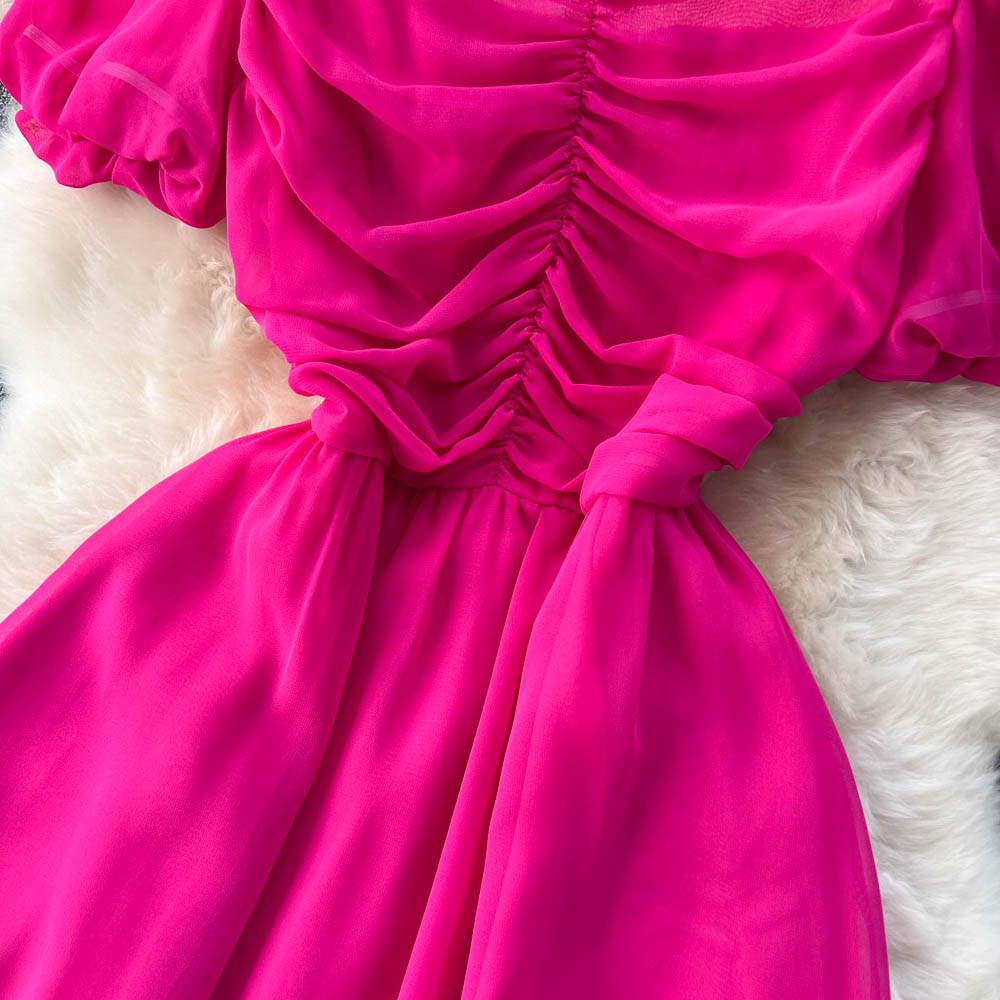 Bubble Sleeve Square Collar Chiffon Dress