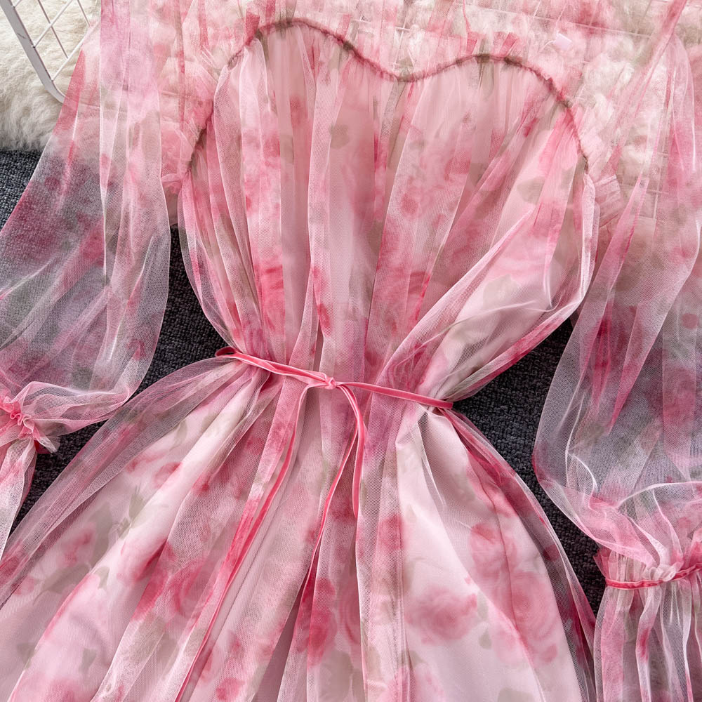 Niche See-through Mesh Floral Dress