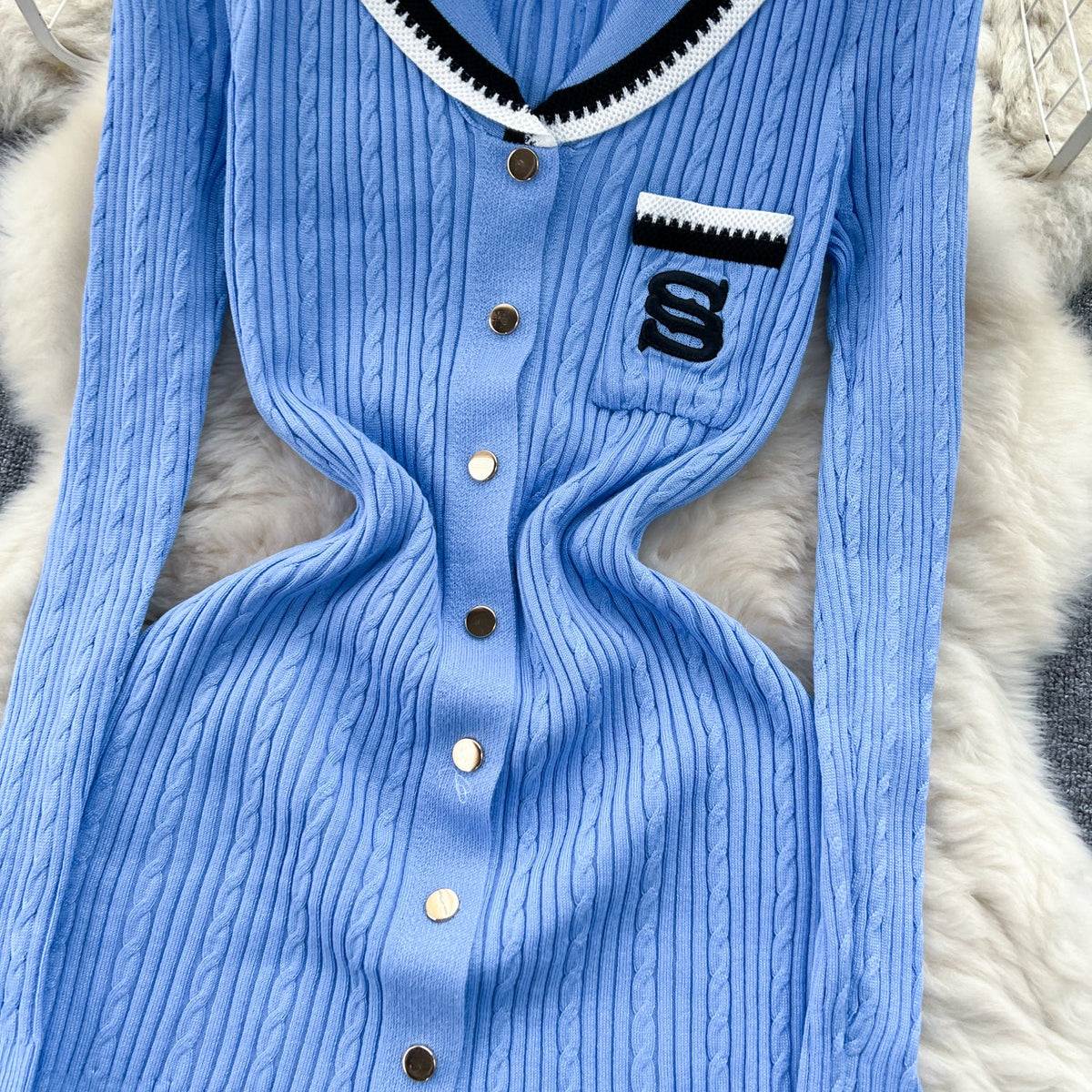 Color Blocking Embroidery Knitted Dress