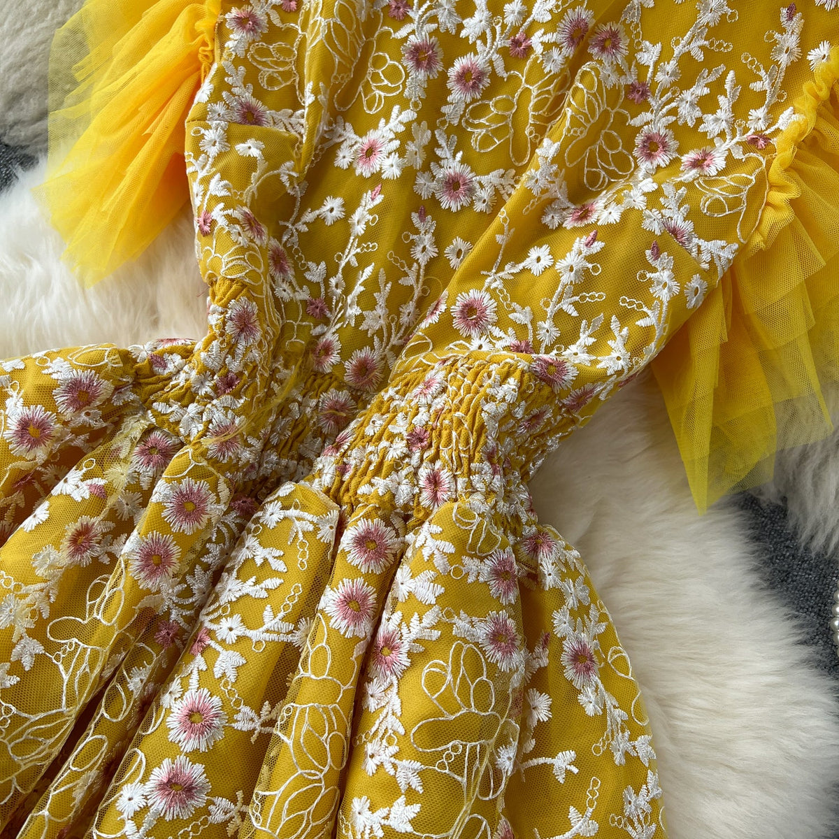 Lace Patchwork Mesh Floral Puffy Dress