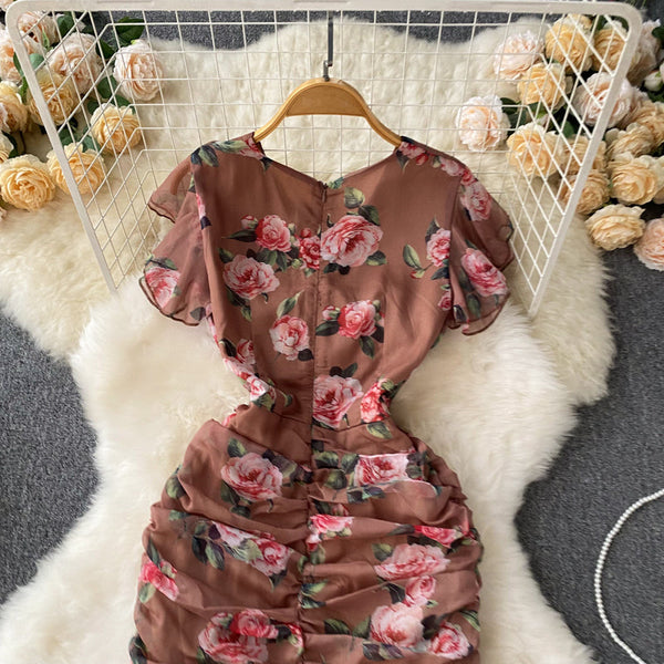 French Style Drawstring Floral V-neck Dress