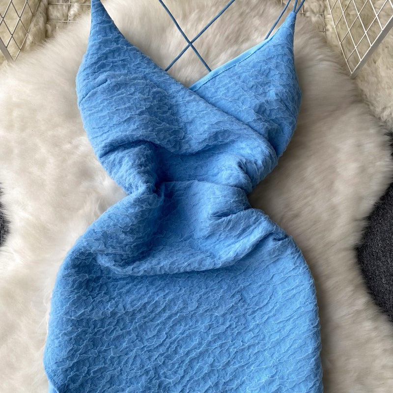Solid Color Backless V-neck Slip Dress