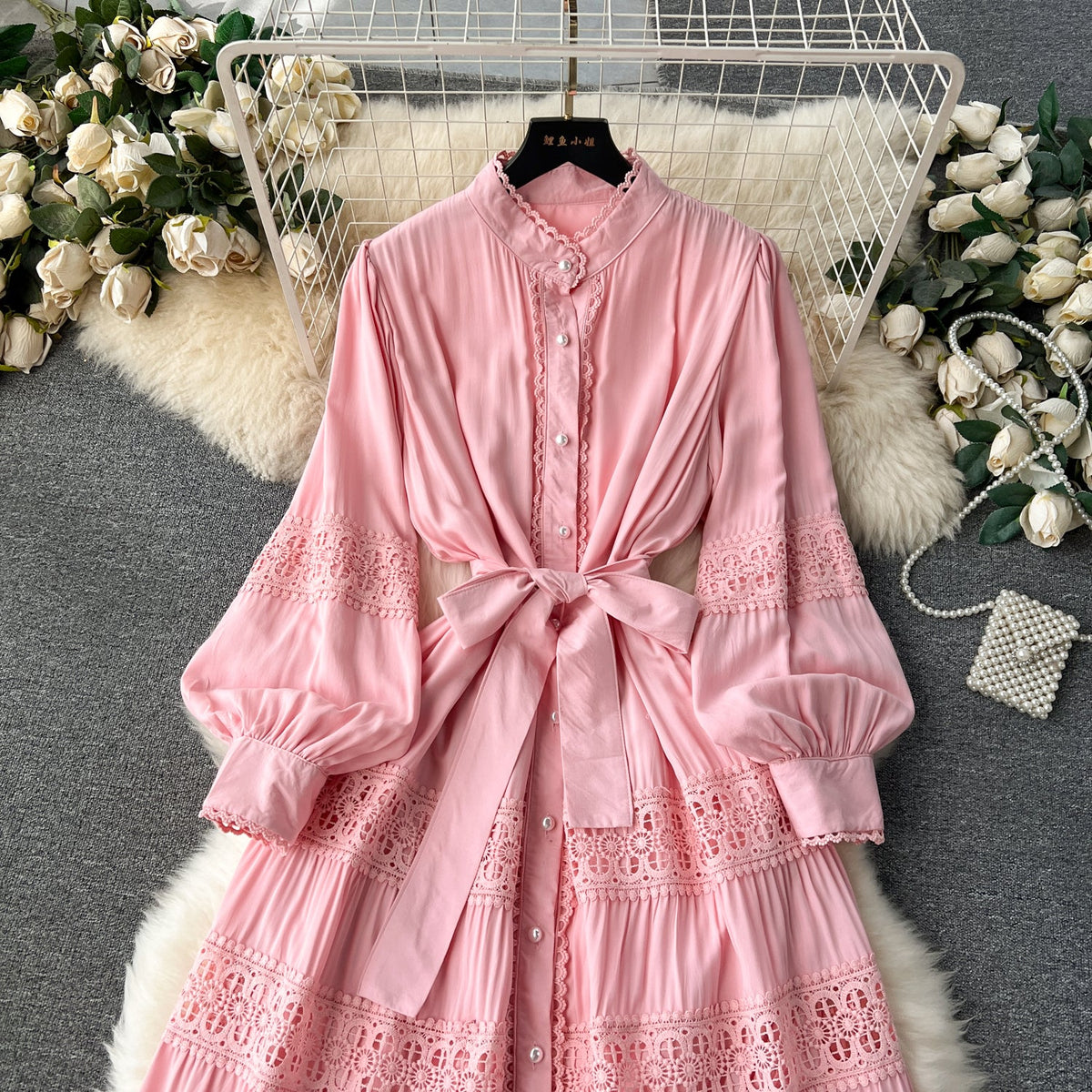 French Style Lace Patchwork Shirt Dress