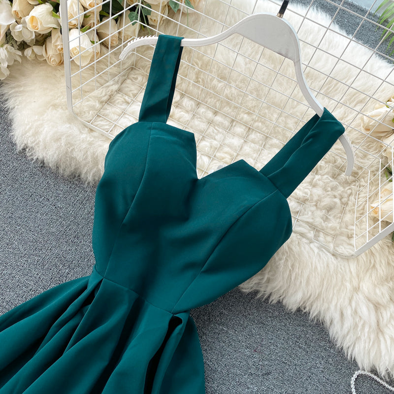 V-yaka Halter Retro Düz Renk Bel Elbisesi