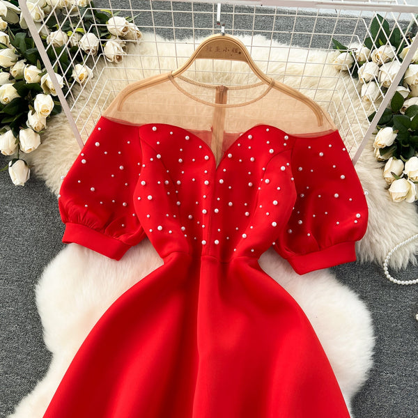 Mesh Neckline Beaded Pleated Dress