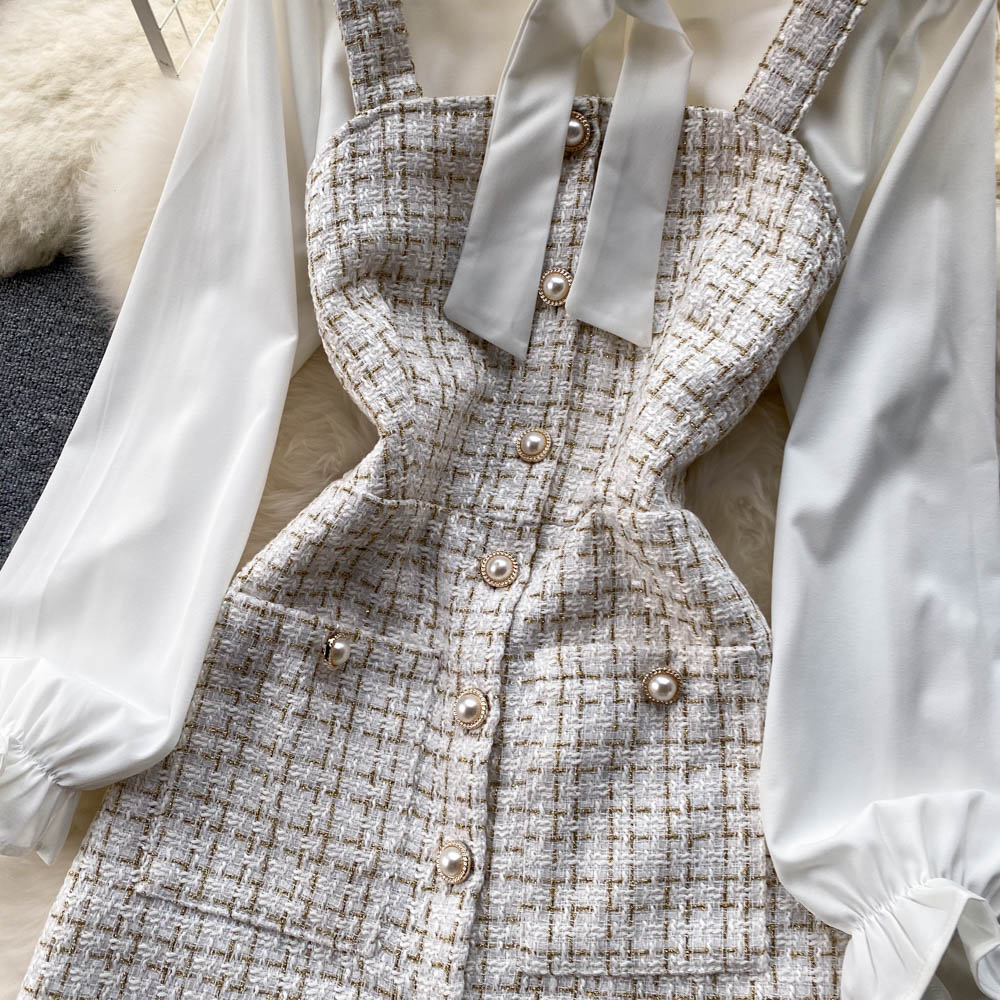 Bow-tie Tweed White Shirt&Plaid Dress