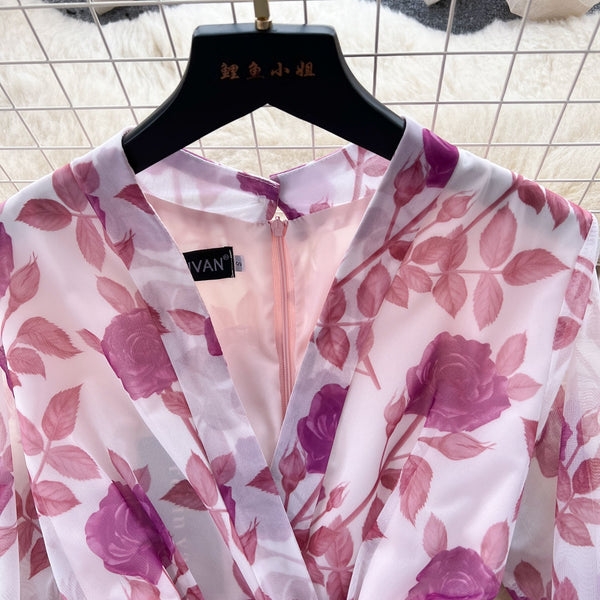 Vintage V-neck Long-sleeve Floral Dress
