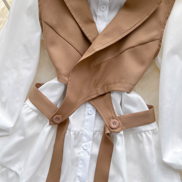 Korean Style White Dress&Waistcoat 2Pcs