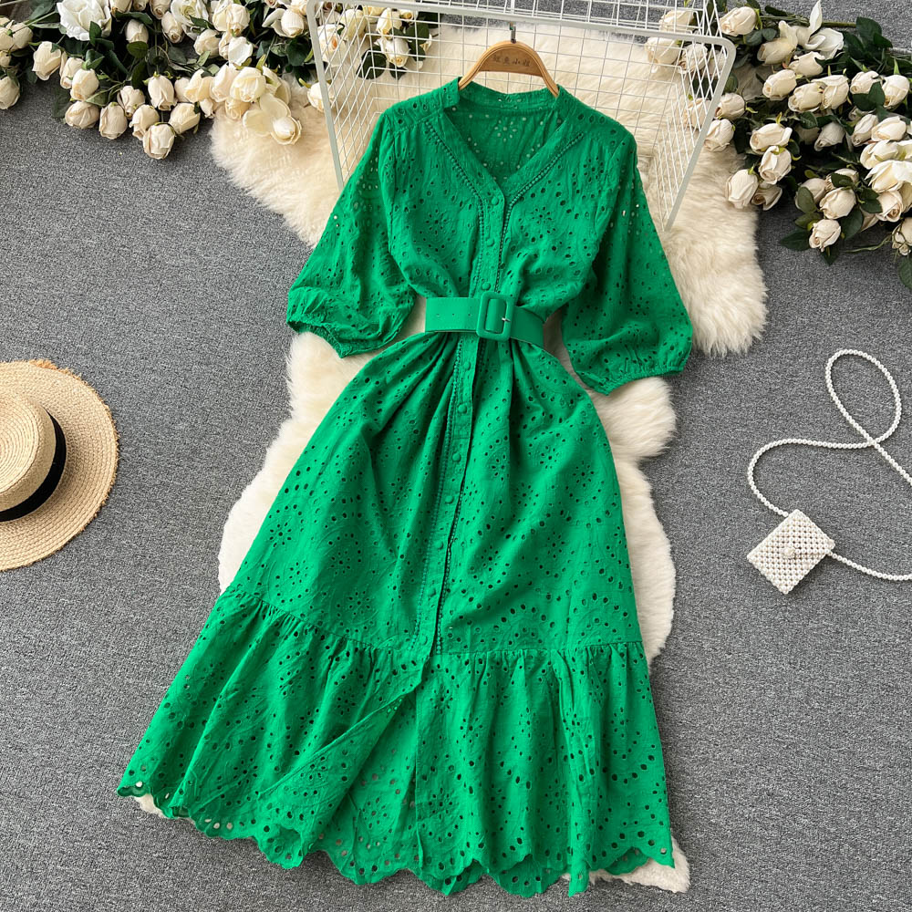 Frock With Hollow V-neck And Bubble Sleeves