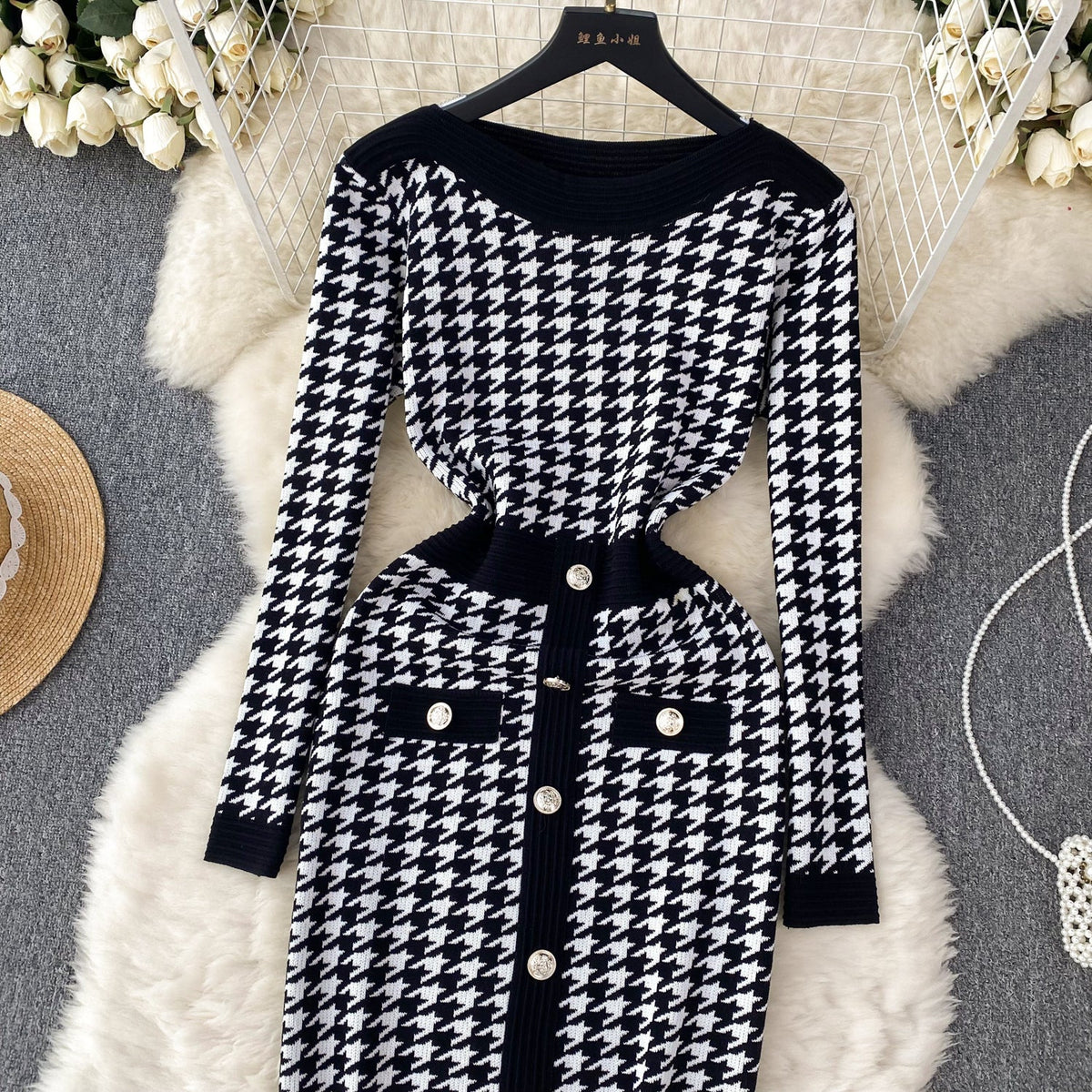 Premium Houndstooth Patchwork Knitted Dress
