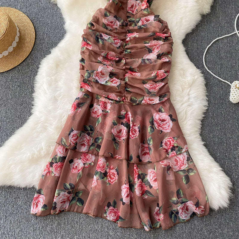 French Style Drawstring Floral V-neck Dress