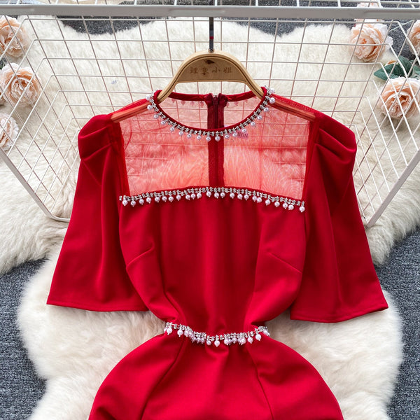 Beaded Mesh Patchwork Slim-fit Dress