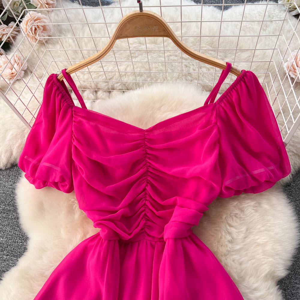 Bubble Sleeve Square Collar Chiffon Dress