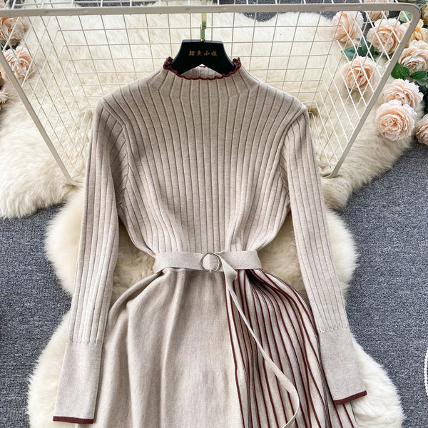 Thermal Striped Knitted Dress with Belt