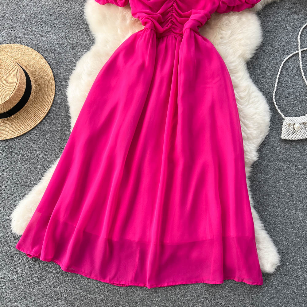Bubble Sleeve Square Collar Chiffon Dress