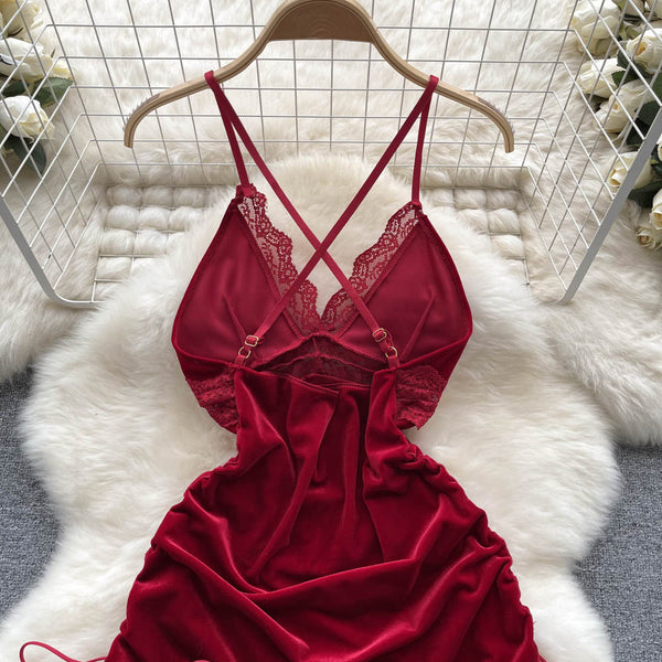 Lace Deep V-neck Velvet Slip Dress