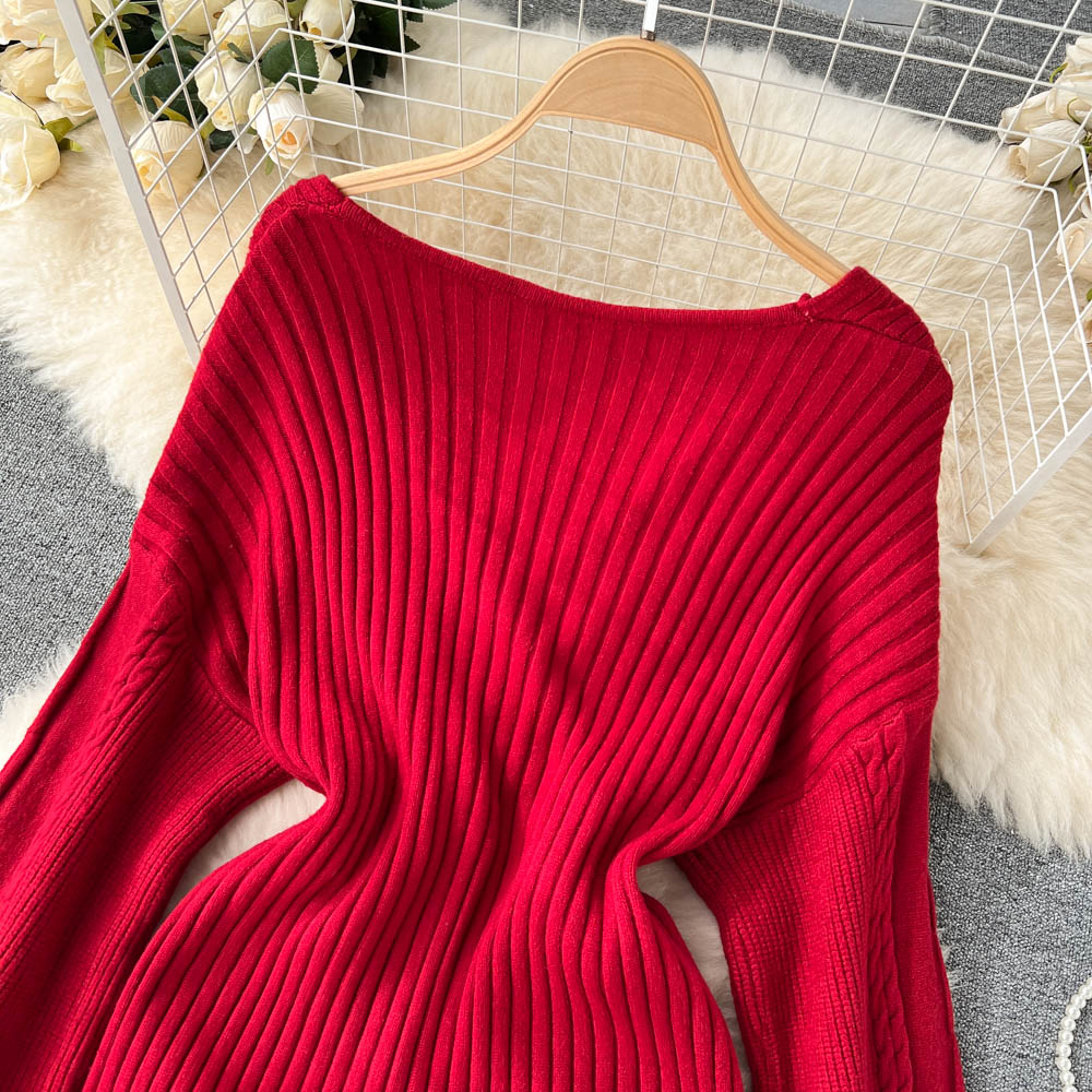 Vintage V-neck Waist-slimming Knitted Dress