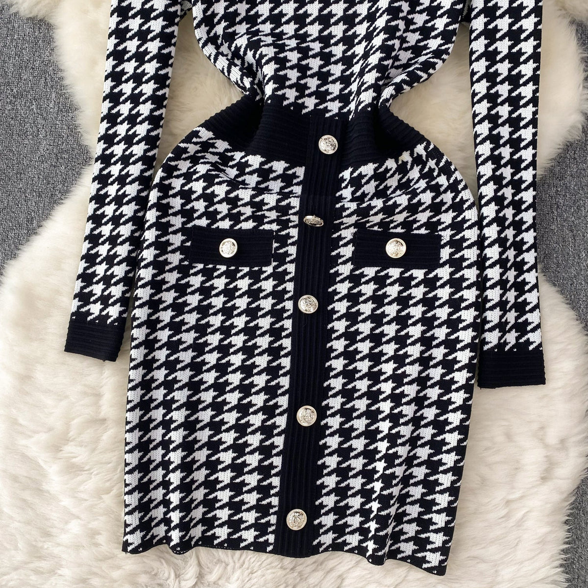 Premium Houndstooth Patchwork Knitted Dress