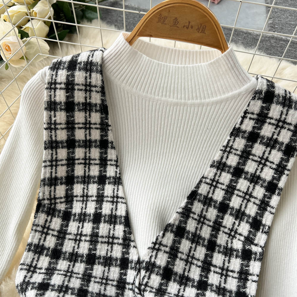 Bottom Sweater&Houndstooth Strappy Dress 2Pcs
