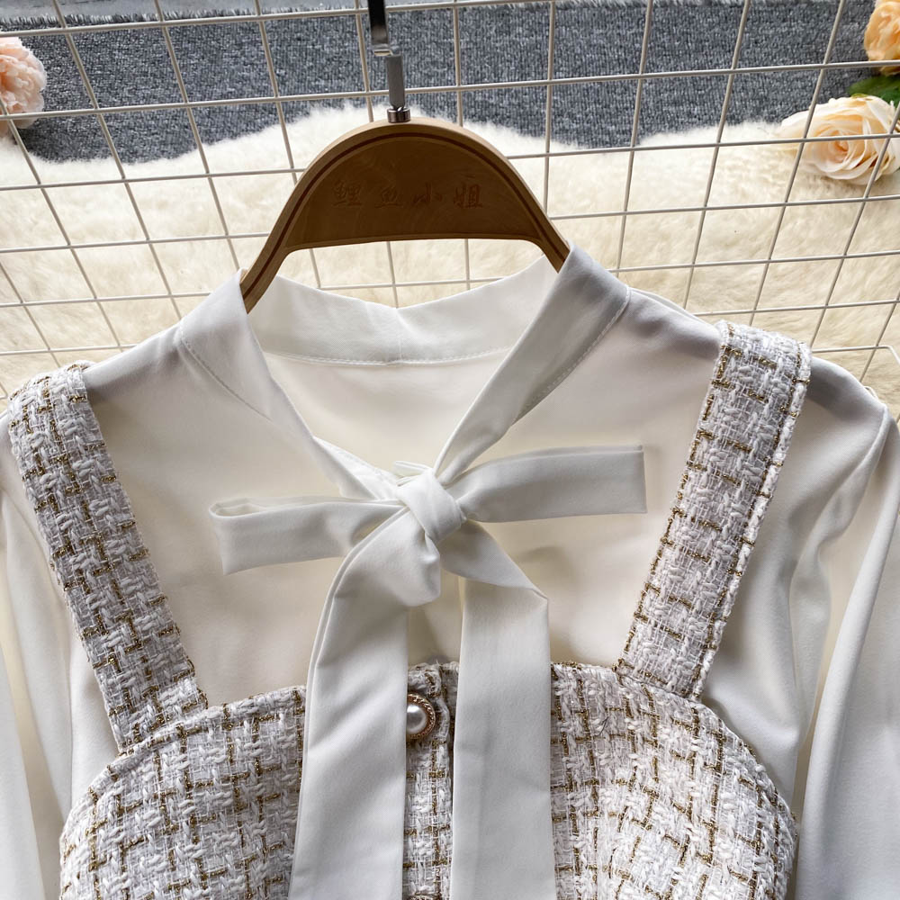 Bow-tie Tweed White Shirt&Plaid Dress