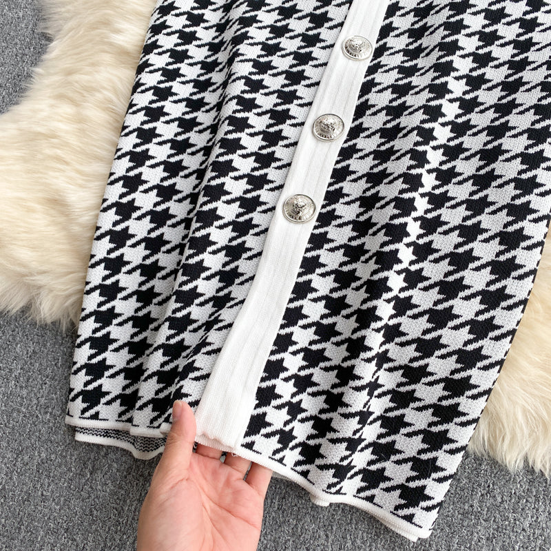 Single Breasted Houndstooth Knitted Dress