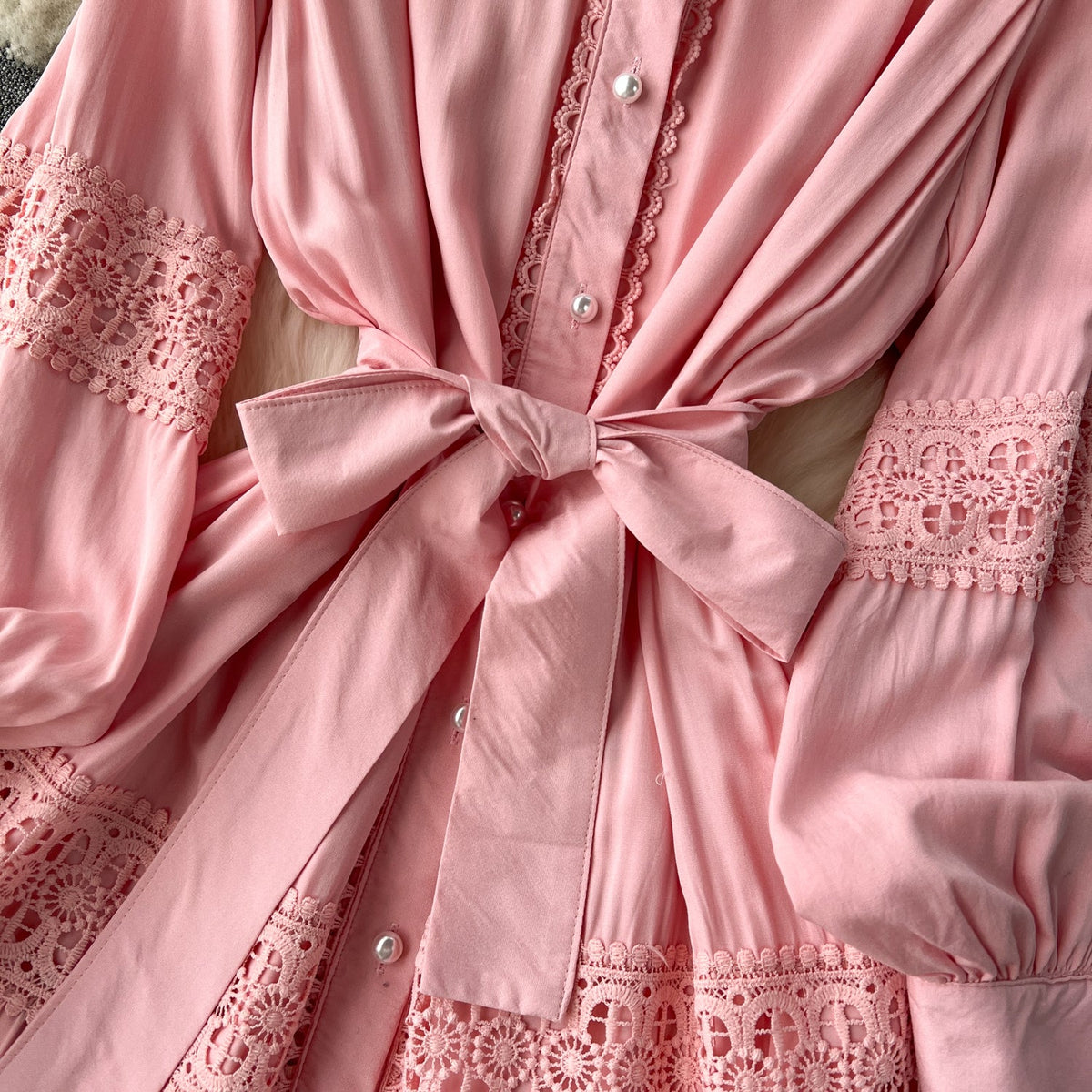 French Style Lace Patchwork Shirt Dress