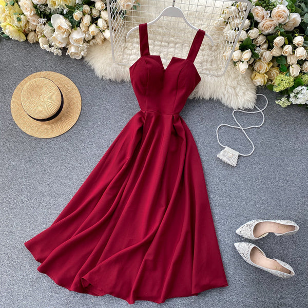 V-yaka Halter Retro Düz Renk Bel Elbisesi