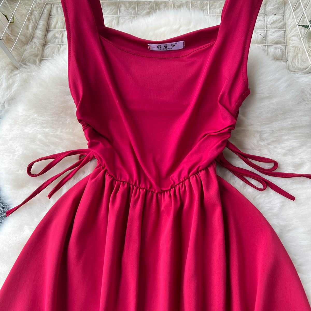 Square Collar Drawstring Slip Dress