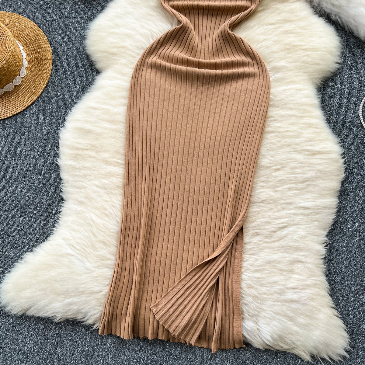 Elastic Solid Color Knitted Halter Dress