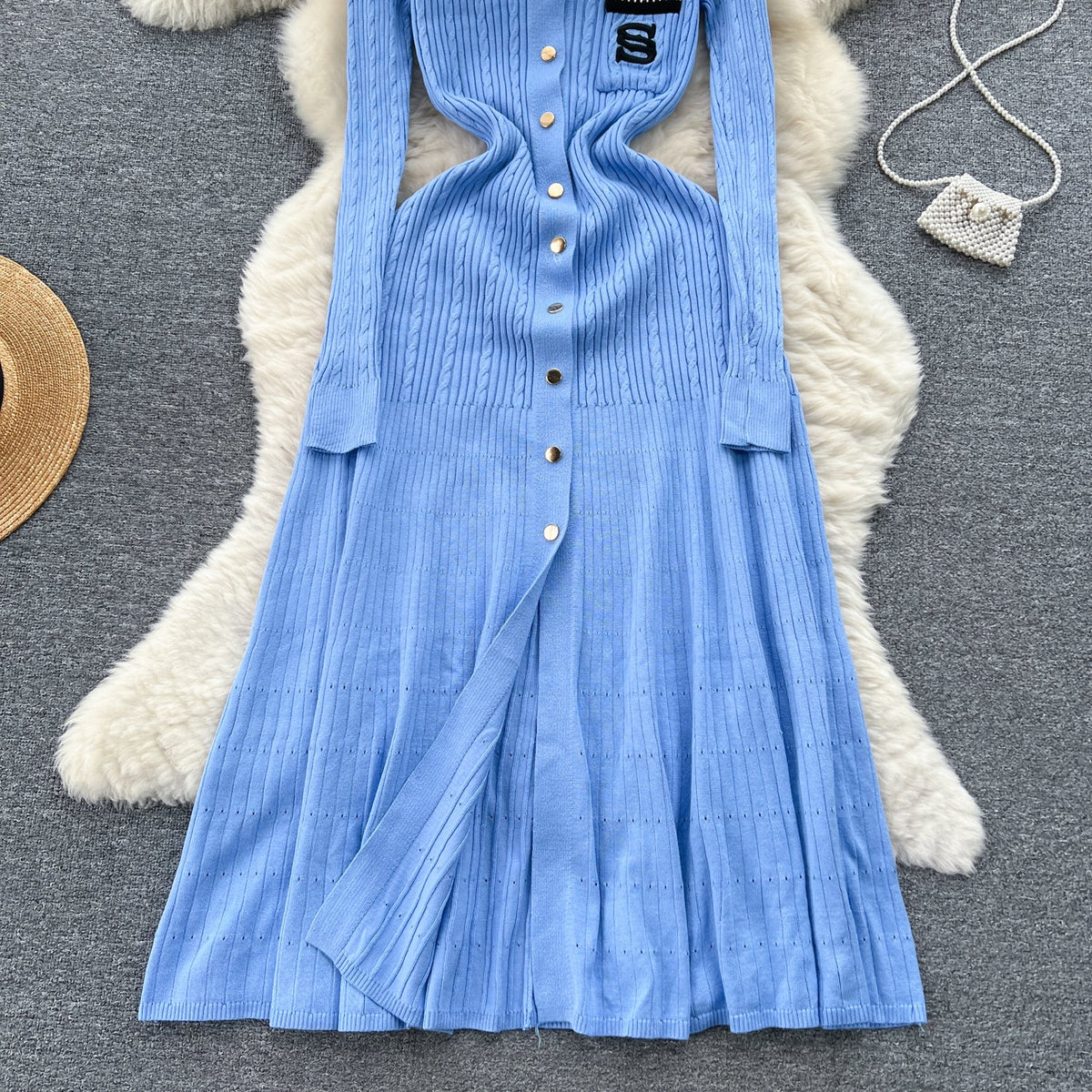 Color Blocking Embroidery Knitted Dress