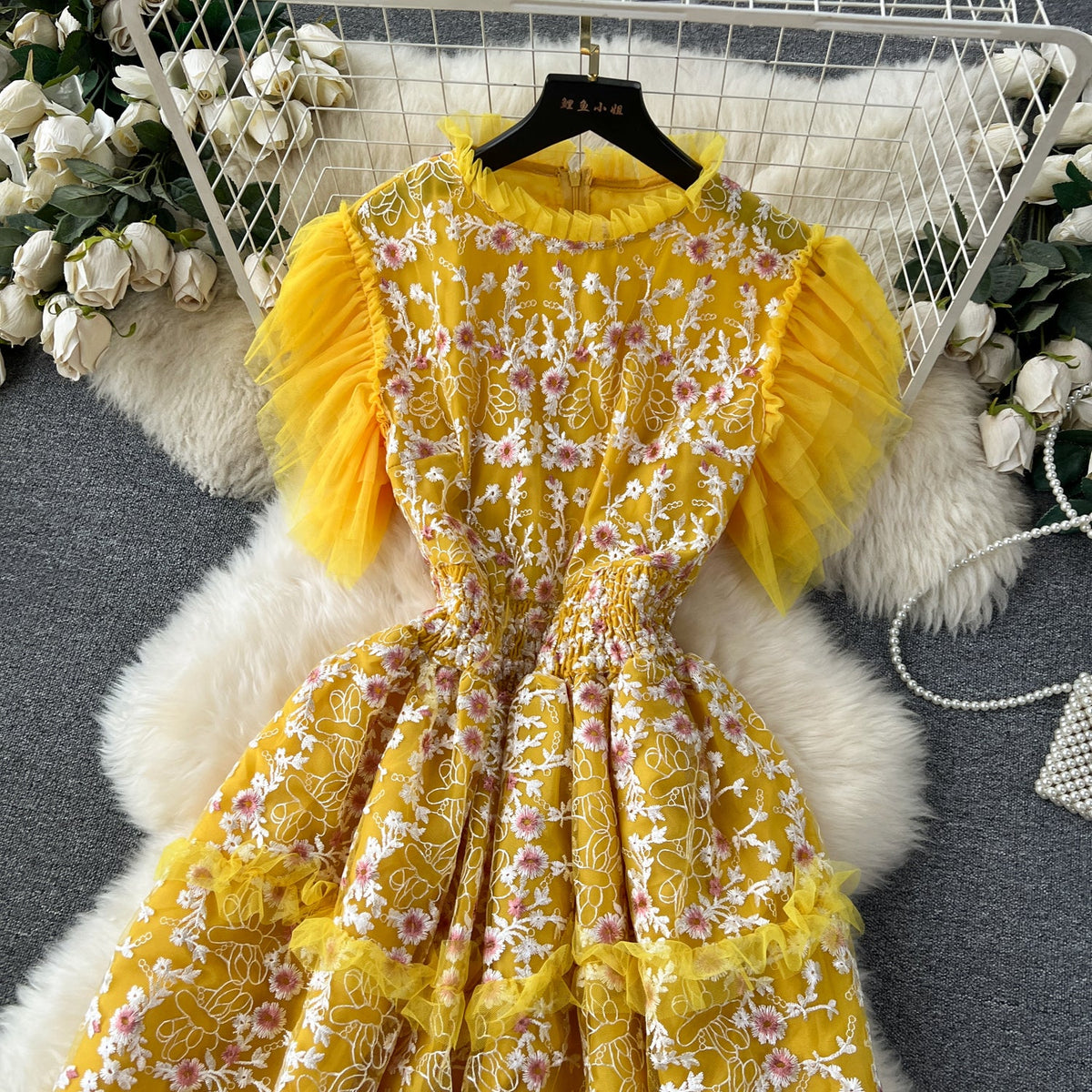 Lace Patchwork Mesh Floral Puffy Dress
