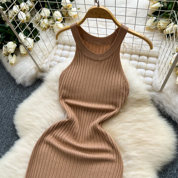 Elastic Solid Color Knitted Halter Dress