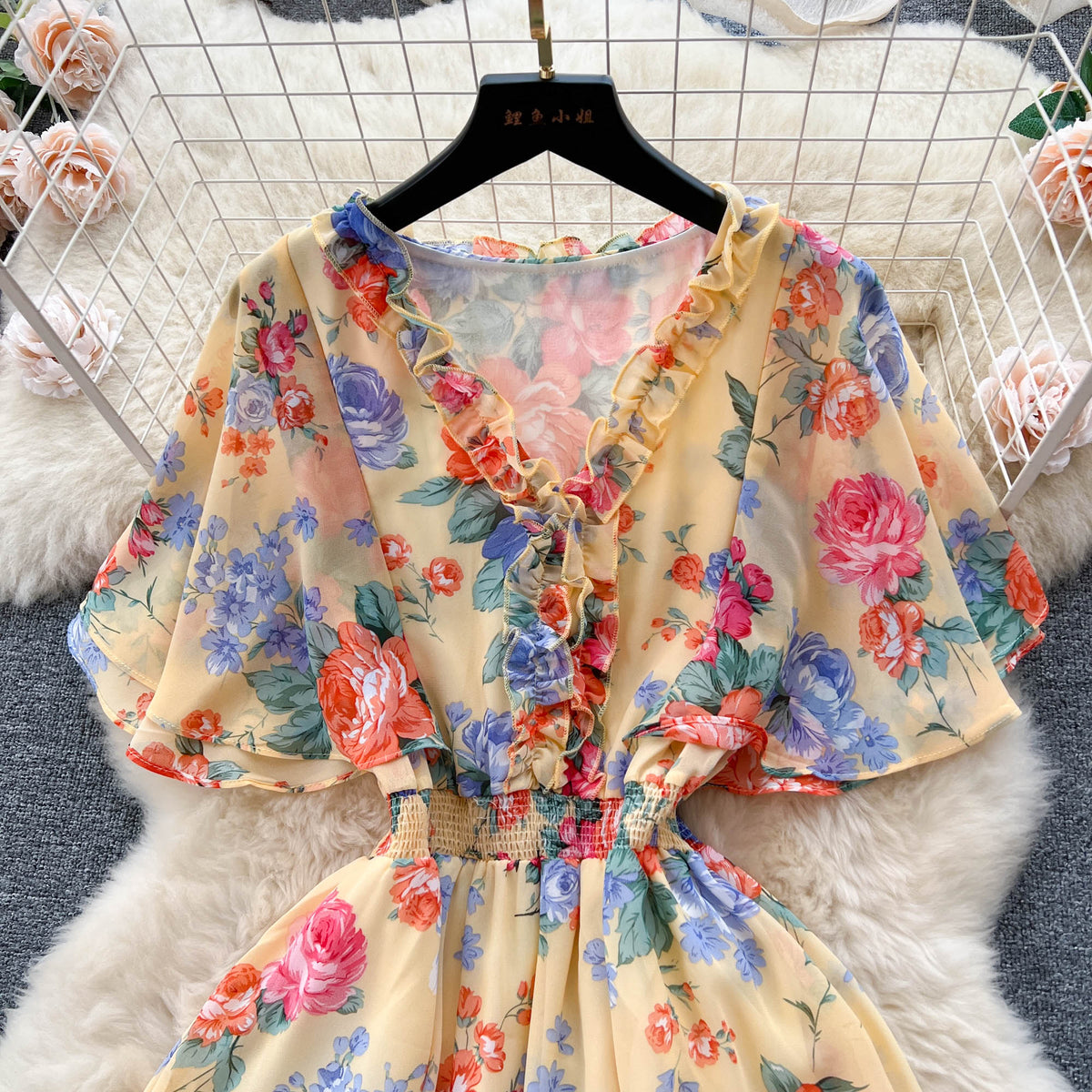Mori Flared Sleeve Floral Chiffon Dress
