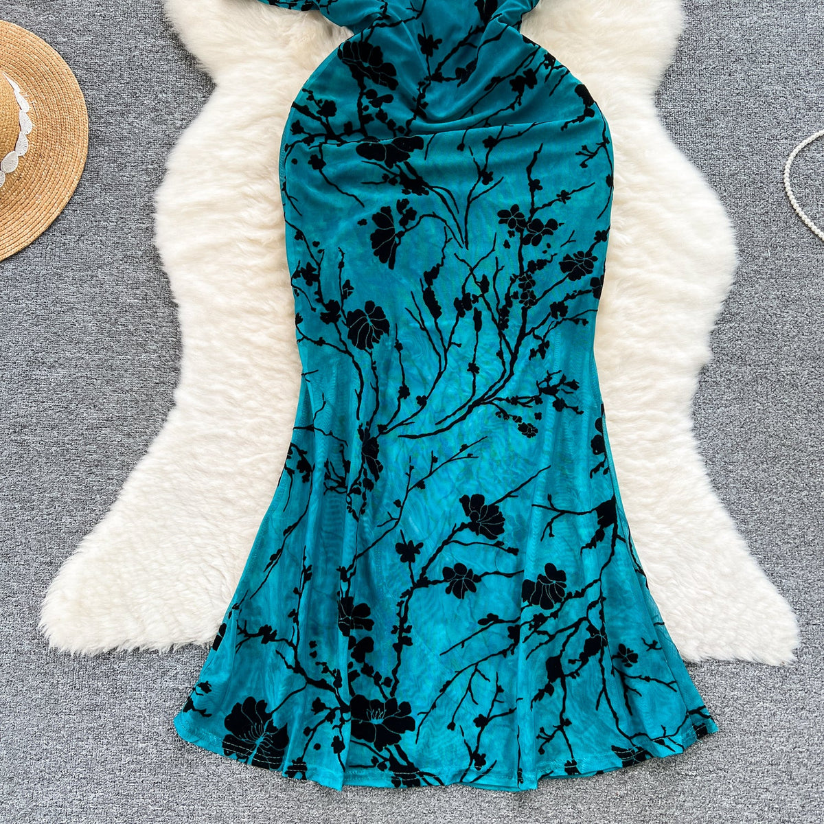 Elegant Lace-up Printed Fishtail Dress