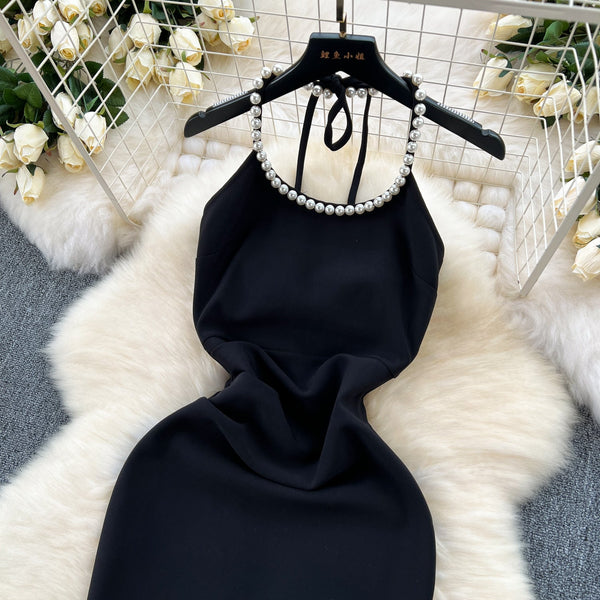 Simple Design Beaded Halter Dress