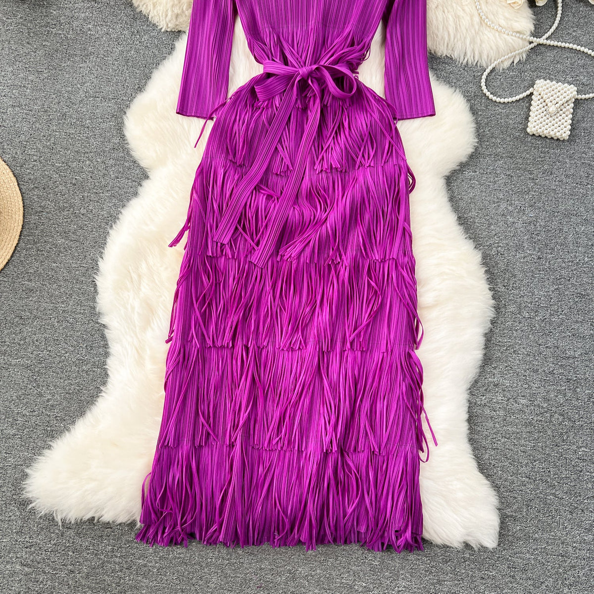 Delicate V-neck Fringed Pleat Dress