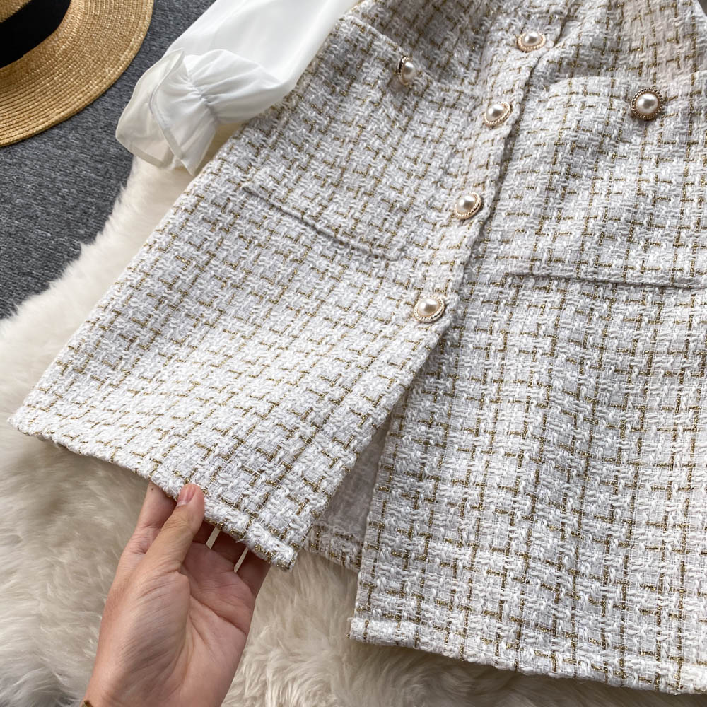 Bow-tie Tweed White Shirt&Plaid Dress
