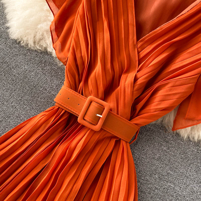 Solid Color Pleated Chiffon Dress