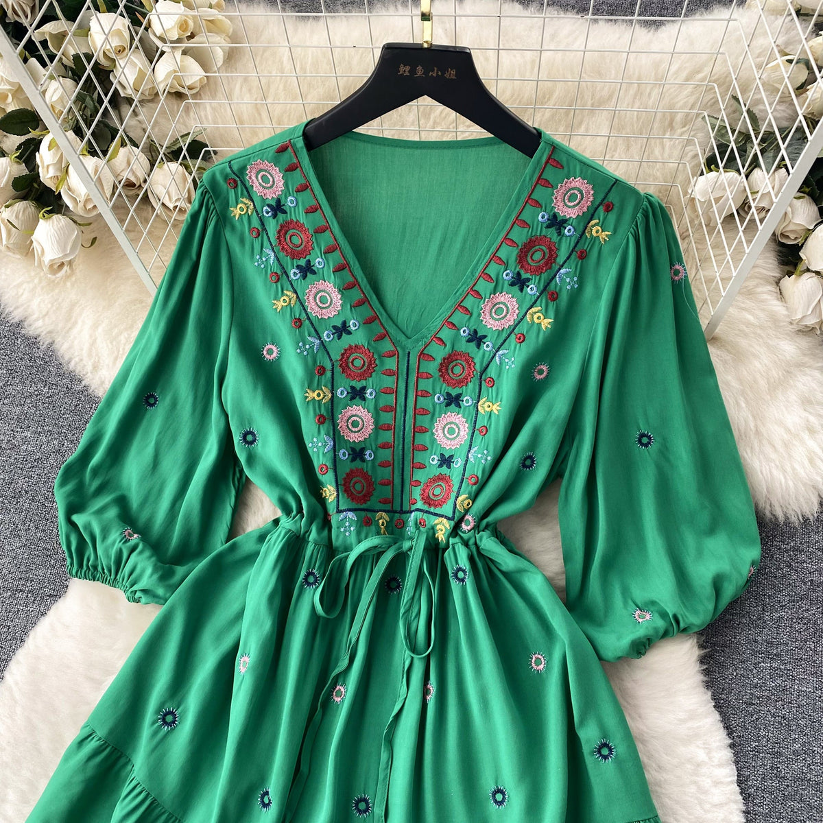 Bohemian Embroidered Drawstring Floral Dress