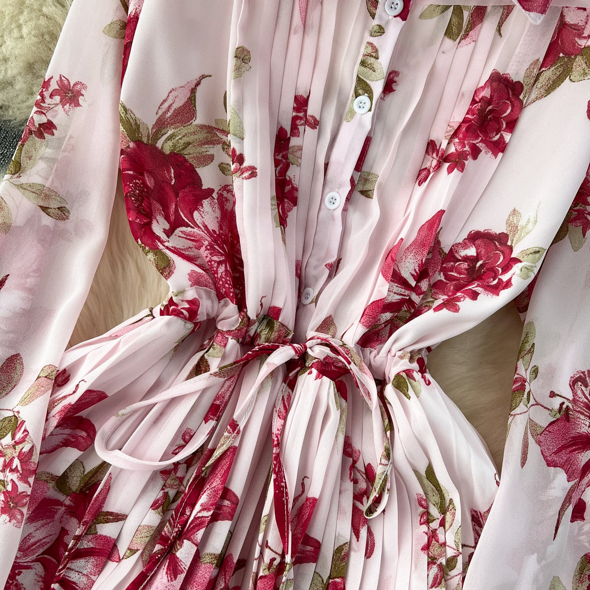 French Style Floral Chiffon Shirt Dress