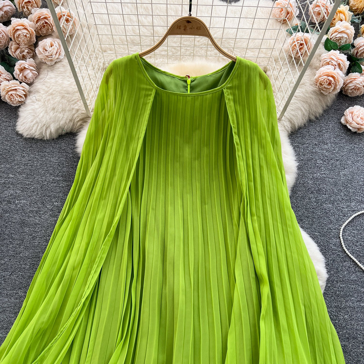Solid Color Pleated Cape Dress