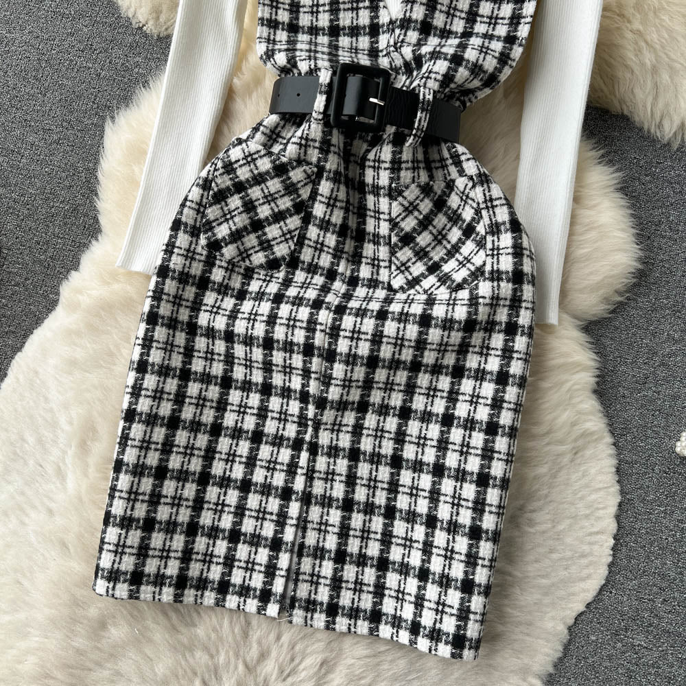 Bottom Sweater&Houndstooth Strappy Dress 2Pcs