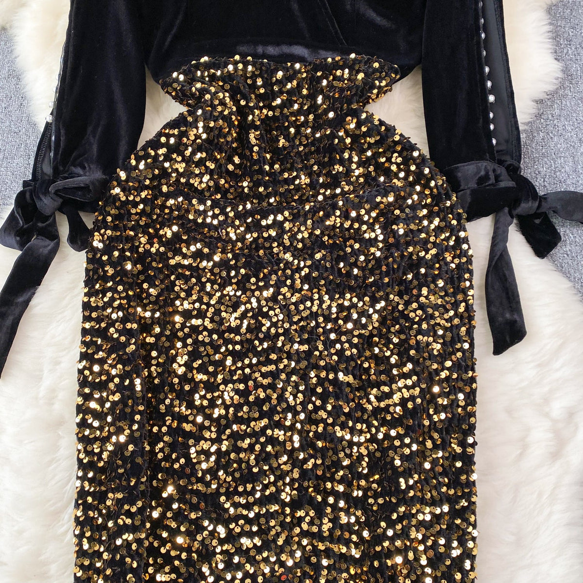 Elegant Sequin Patchwork Velvet Dress