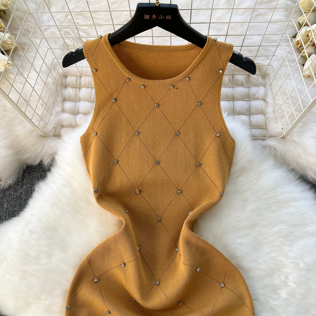 Lozenge Rhinestone Studded Knitted Dress