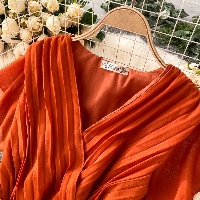 Solid Color Pleated Chiffon Dress