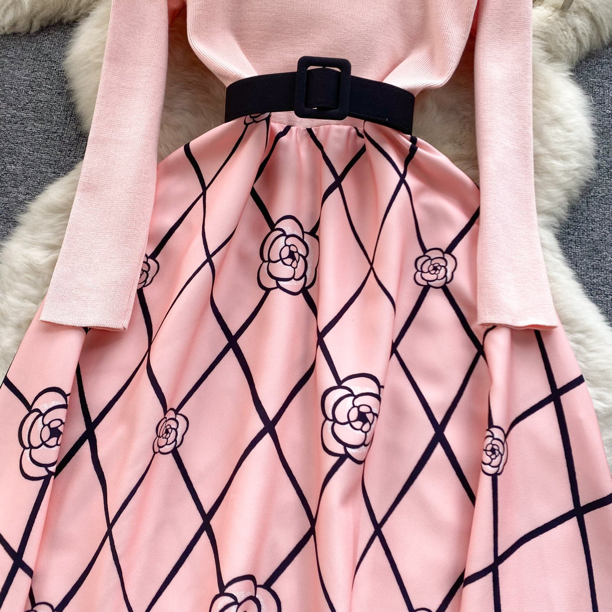 Faux Two-pieces Rhomboid Printed Dress