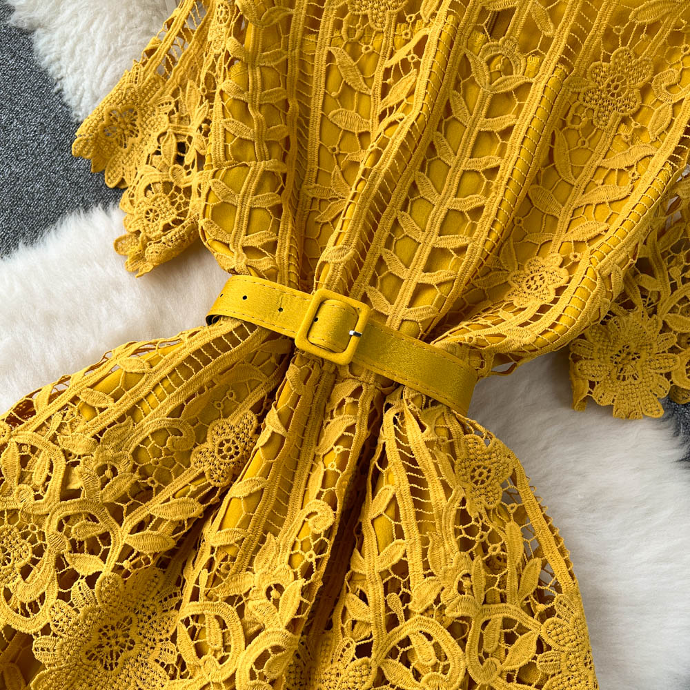 Hollowed Crochet Lace Solid Dress